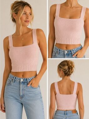 MINKPINK Blush Pink Ribbed Knit Crop Tank | Square Neck Sweater Cami | Medium